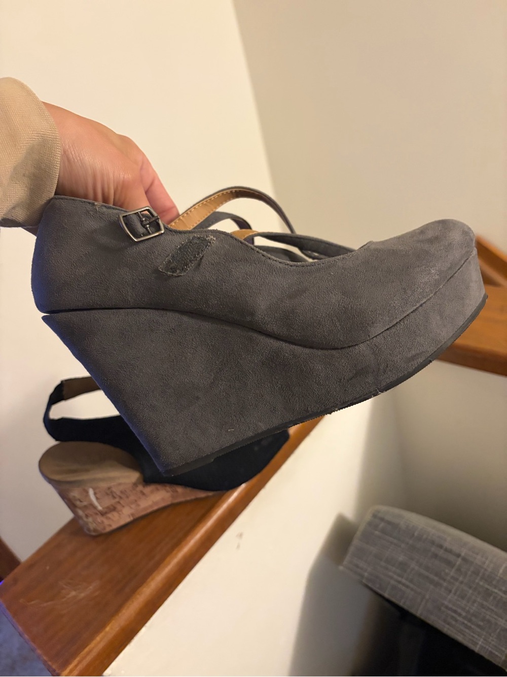 Soda Gray Suede-Look Wedge Mary Jane